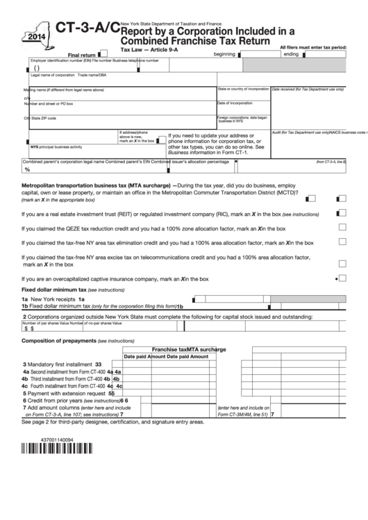 Form Ct-3-A/c - Report By A Corporation Included In A Combined Franchise Tax Return - 2014 Printable pdf