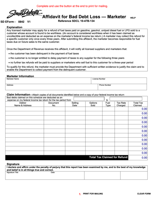 Fillable Form 0842 V1- Affidavit For Bad Debt Loss-Marketer Printable pdf