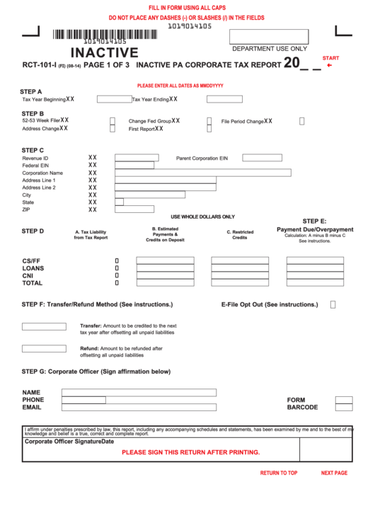 Fillable Form Rct-101-I - Inactive Pa Corporate Tax Report Printable pdf