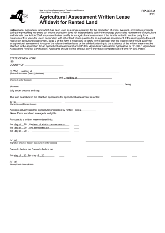Fillable Form Rp-305-C - Agricultural Assessment Written Lease Affidavit For Rented Land Printable pdf