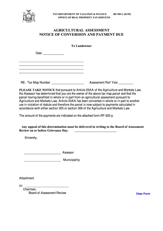 Fillable Form Rp-305-L - Agricultural Assessment Notice Of Conversion And Payment Due Printable pdf