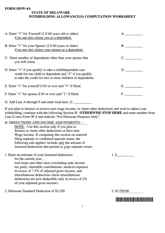 Fillable Form Sd/w-4a - Withholding Allowance(S) Computation Worksheet Printable pdf