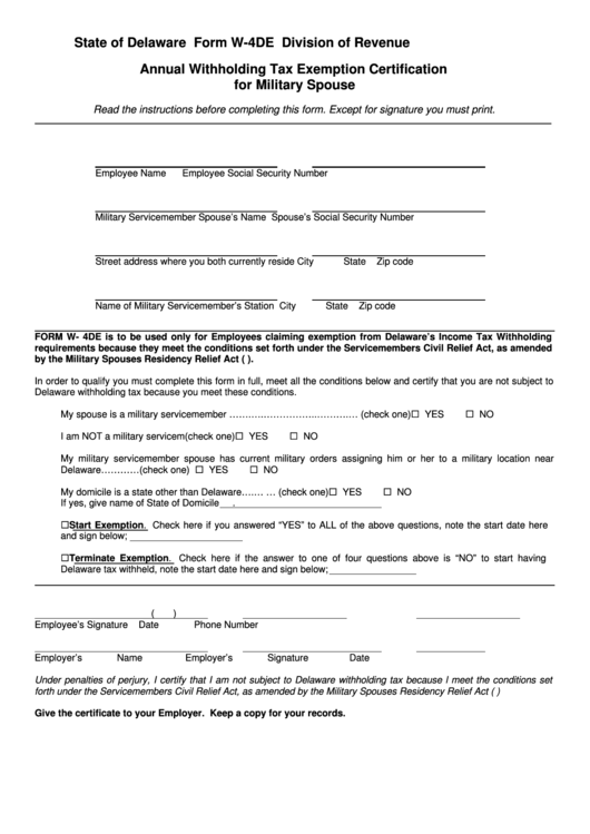 Fillable Form W-4de - Annual Withholding Tax Exemption Certification For Military Spouse Printable pdf