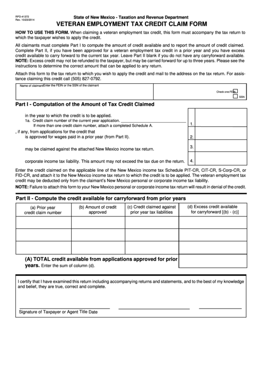 Fillable Form Rpd-41372 - Veteran Employment Tax Credit Claim Form Printable pdf