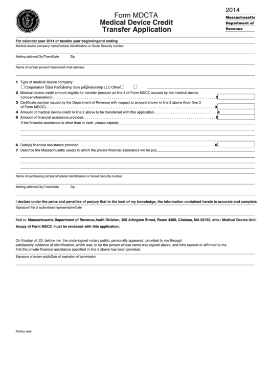 Form Mdcta - Medical Device Credit Transfer Application - 2014 Printable pdf