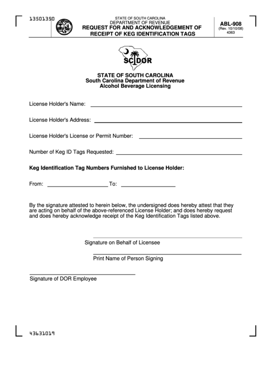 Form Abl-908 - Request For And Acknowledgement Of Receipt Of Keg Identification Tags Alcohol Beverage Licensing Printable pdf