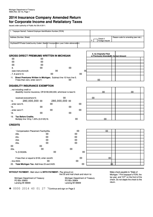 Form 4906 - Insurance Company Amended Return For Corporate Income And Retaliatory Taxes Printable pdf