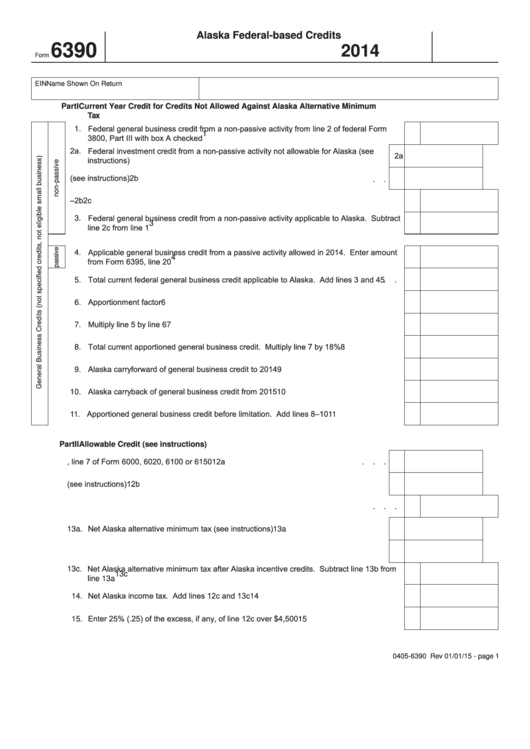Fillable Form 6390 - Alaska Federal-Based Credits - 2014 Printable pdf