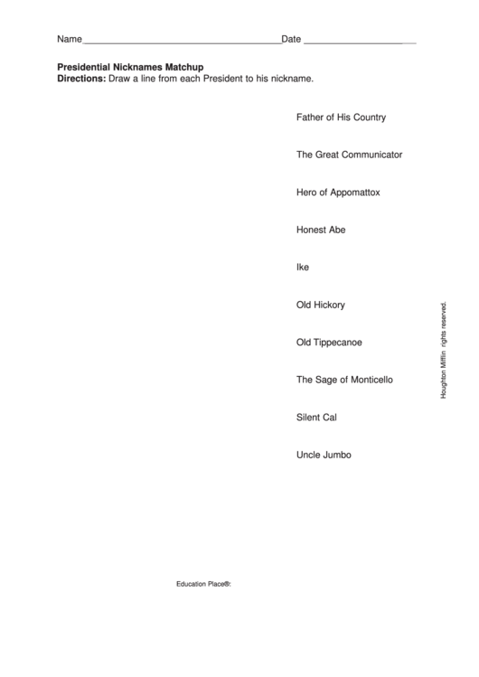Presidential Nicknames Matchup Quiz Template Printable pdf