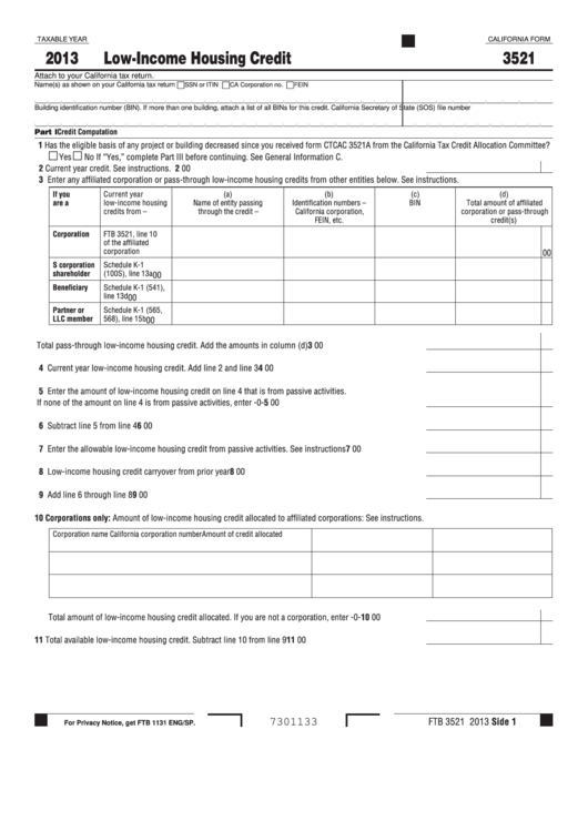 Fillable California Form 3521 - Low-Income Housing Credit - 2013 Printable pdf