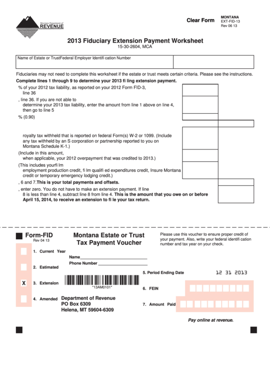 Fillable Form Ext-Fid-13 - Fiduciary Extension Payment Worksheet - 2013 Printable pdf