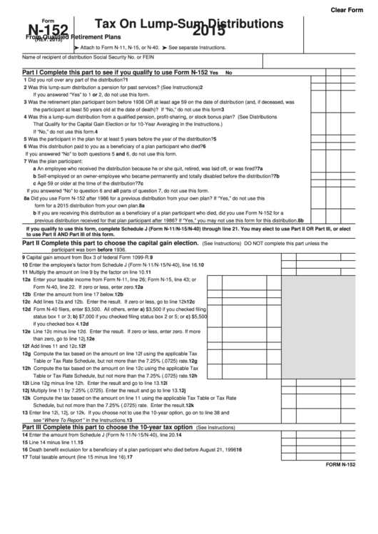 Fillable Form N-152 - Tax On Lump-Sum Distributions Printable pdf