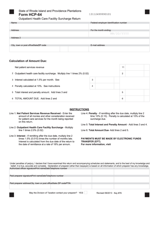 Fillable Form Hcp-64 - Outpatient Health Care Facility Surcharge Return Printable pdf