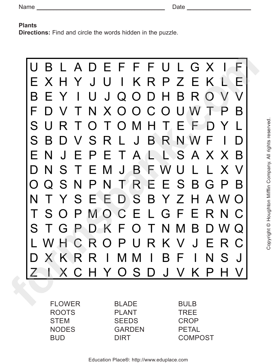 Plants Word Search Puzzle Template printable pdf download