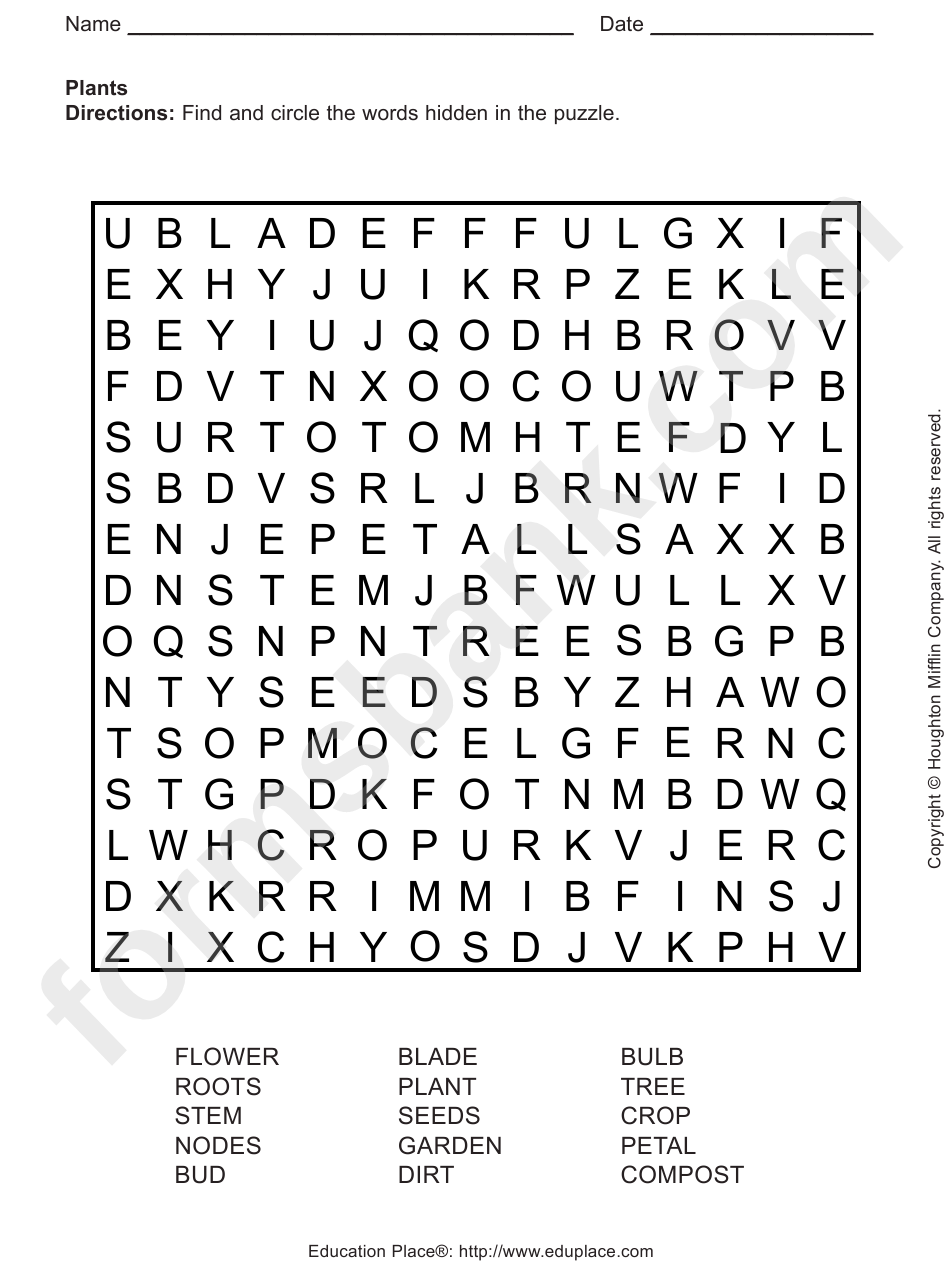 Plants Word Search Puzzle Template