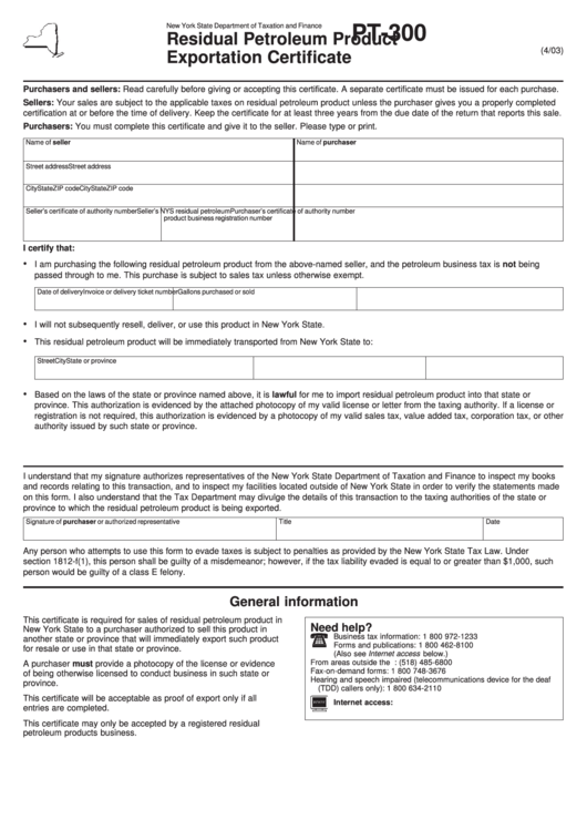 Form Pt-300 - Residual Petroleum Product Exportation Certificate Printable pdf