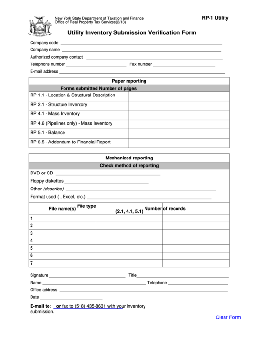 Fillable Form Rp-1 Utility - Utility Inventory Submission Verification Form Printable pdf