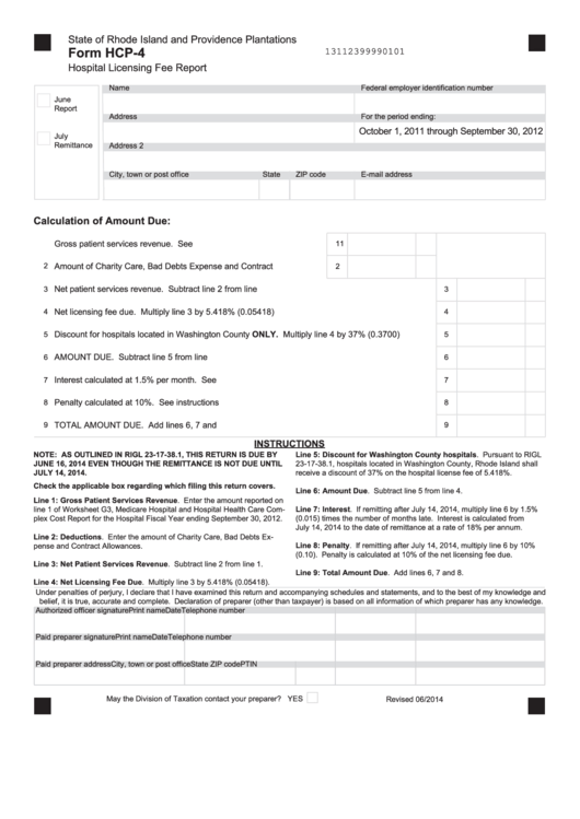 Fillable Form Hcp-4 - Hospital Licensing Fee Report Printable pdf
