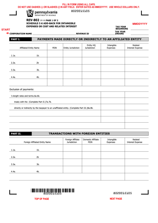 Fillable Form Rev-802 - Schedule C-6 Add-Back For Intangible Expenses Or Cost And Related Interest Printable pdf