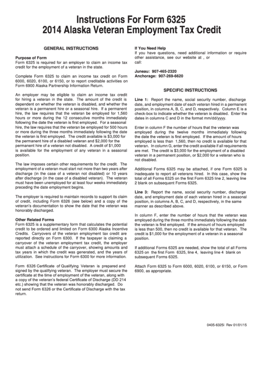 Instructions For Form 6325 - Alaska Veteran Employment Tax Credit - 2014 Printable pdf