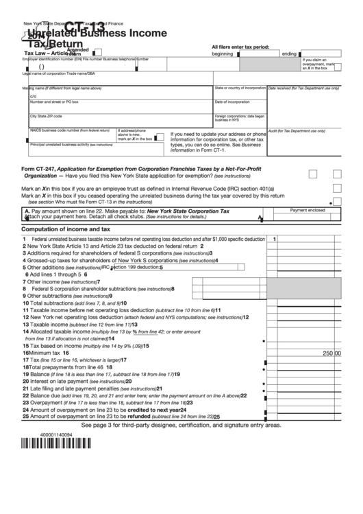 Form Ct-13 - Unrelated Business Income Tax Return - 2014 Printable pdf