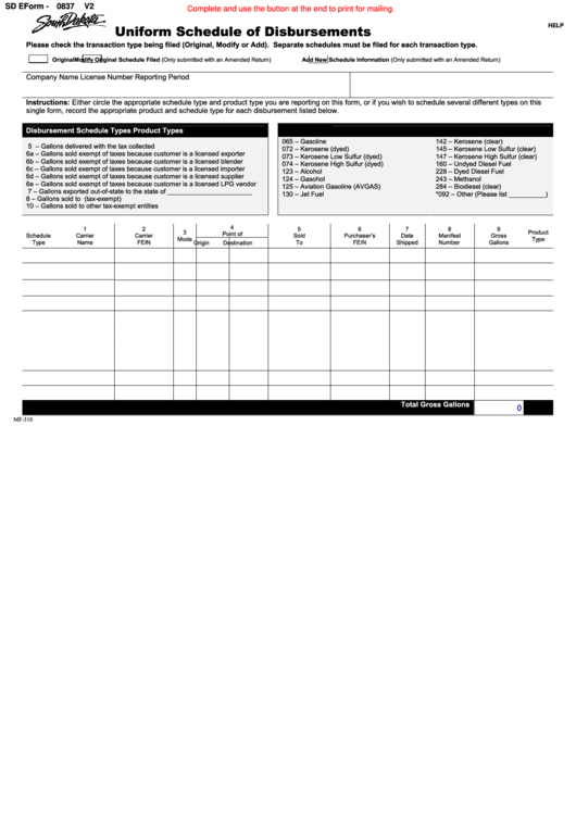 Fillable Form 0837 V2 - Uniform Schedule Of Disbursements Printable pdf