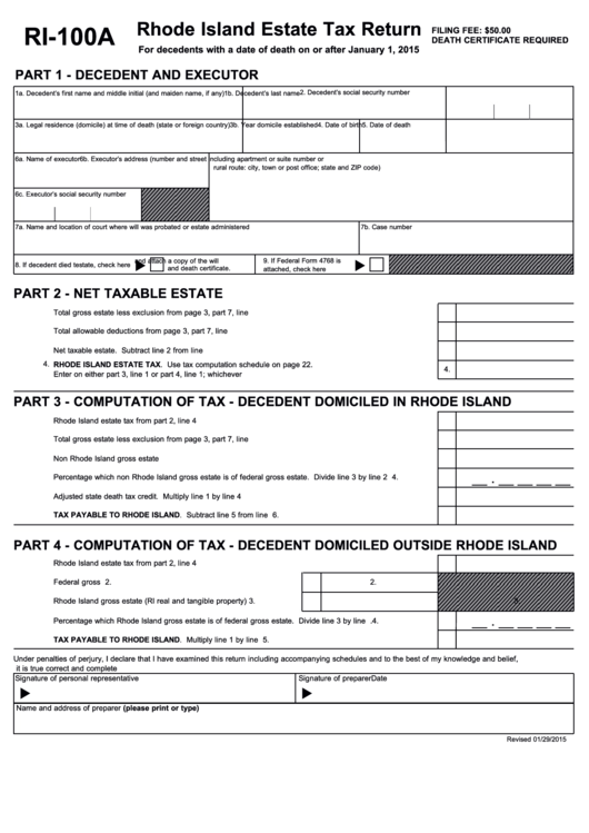 Form Ri-100a - Rhode Island Estate Tax Return Printable pdf
