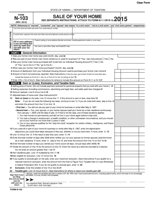 Fillable Form N-103 - Sale Of Your Home - 2015 Printable pdf