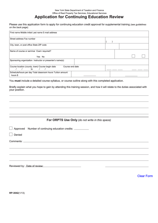 Fillable Form Rp-3042 - Application For Continuing Education Review Printable pdf