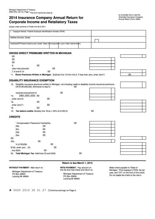 Form 4905 - Insurance Company Annual Return For Annual Return Corporate Income And Retaliatory Taxes - 2014 Printable pdf
