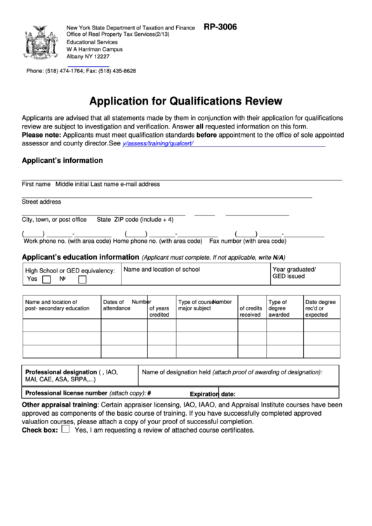 Fillable Form Rp-3006 - Application For Qualifications Review Printable pdf