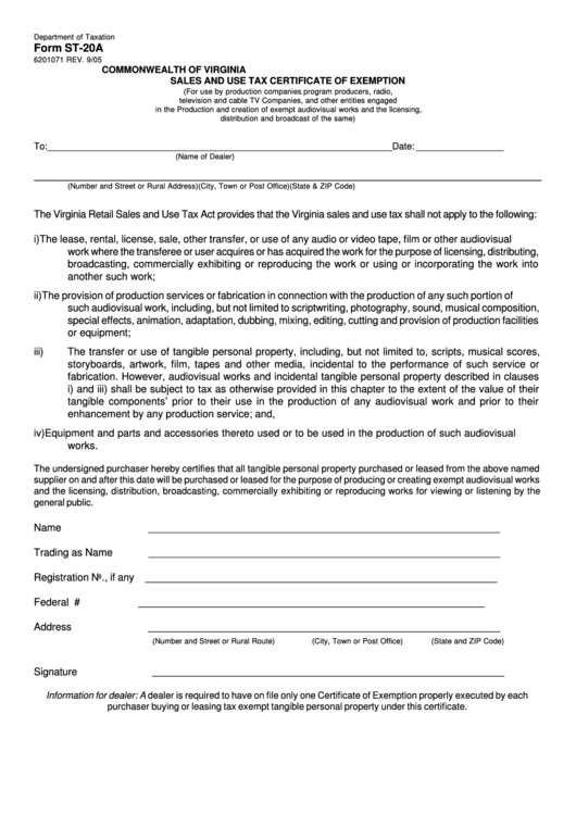 Fillable Form St-20a - Sales And Use Tax Certificate Of Exemption (For Use By Production Companies, Program Producers, Radio, Television And Cable Tv Companies) Printable pdf