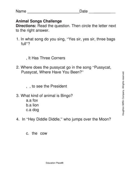Animal Songs Challenge Quiz Template Printable pdf