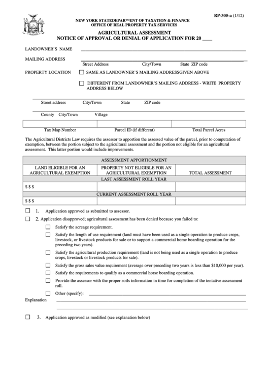 Fillable Form Rp-305-A - Agricultural Assessment - Notice Of Approval Or Denial Of Application Printable pdf