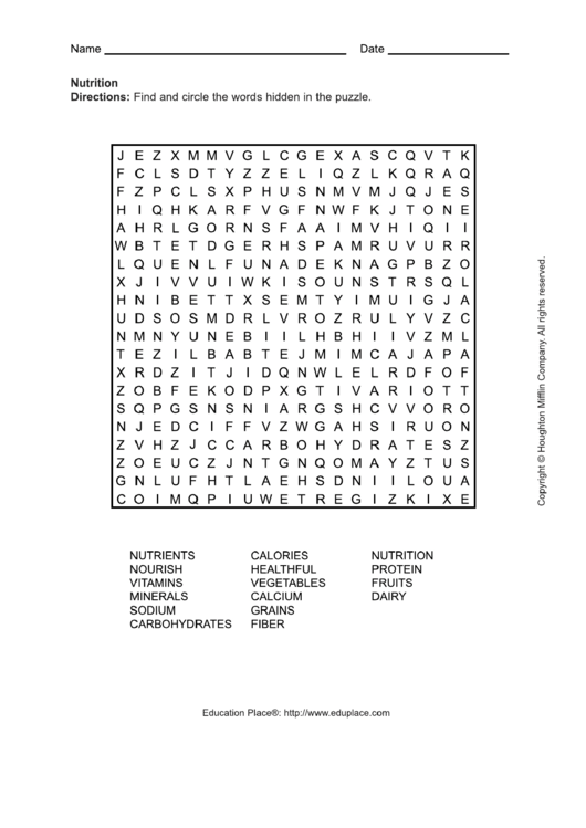 Nutrition Word Search Puzzle Template Printable pdf
