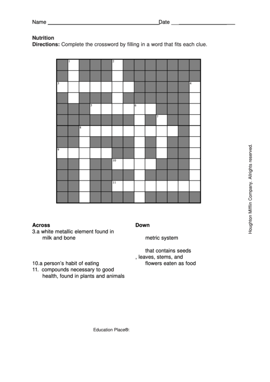 Nutrition Crossword Puzzle Template Printable pdf