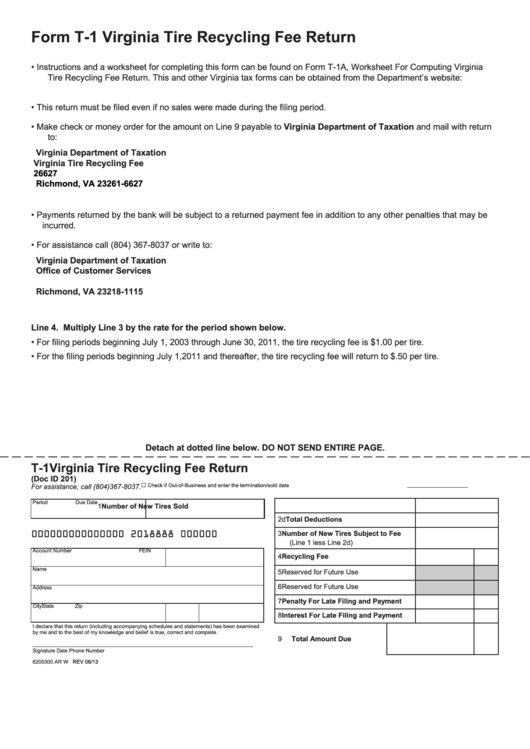 Fillable Form T-1 - Virginia Tire Recycling Fee Return Printable pdf