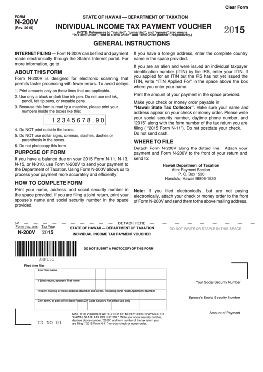 Form N-200v - Individual Income Tax Payment Voucher - 2015