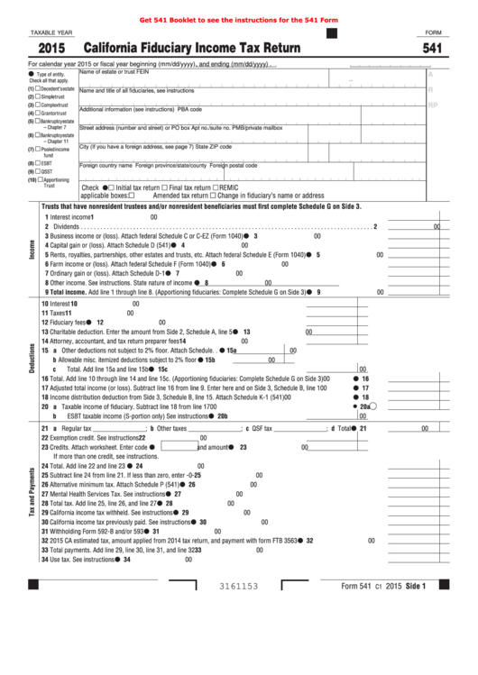 Fillable Form 541 - California Fiduciary Income Tax Return - 2015 Printable pdf