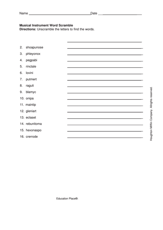 Musical Instrument Word Scramble Printable pdf