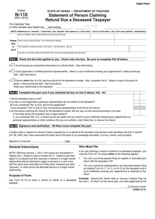 Fillable Form N-110 - Statement Of Person Claiming Refund Due A Deceased Taxpayer Printable pdf
