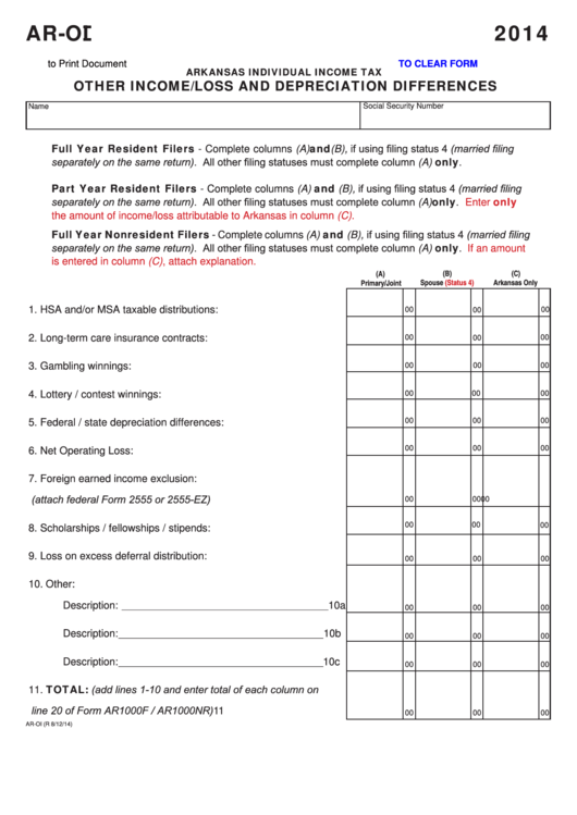 Fillable Form Ar-Oi - Other Income/loss And Depreciation Differences - 2014 Printable pdf