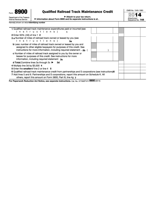 Fillable Form 8900 - Qualified Railroad Track Maintenance Credit - 2014 Printable pdf