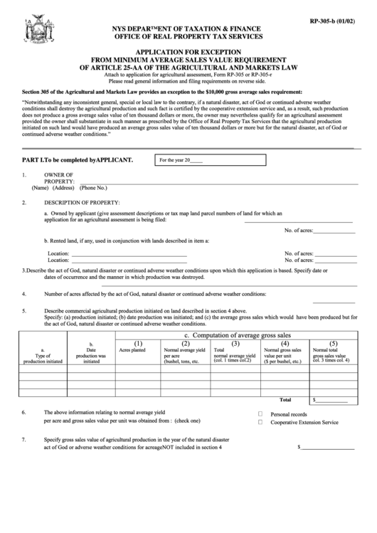Fillable Form Rp-305-B - Application For Exception From Minimum Average Sales Value Requirement Of Article 25-Aa Of The Agricultural And Markets Law Printable pdf