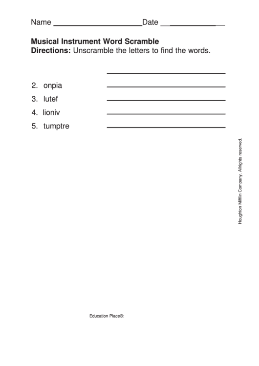 Musical Instrument Word Scramble Printable pdf