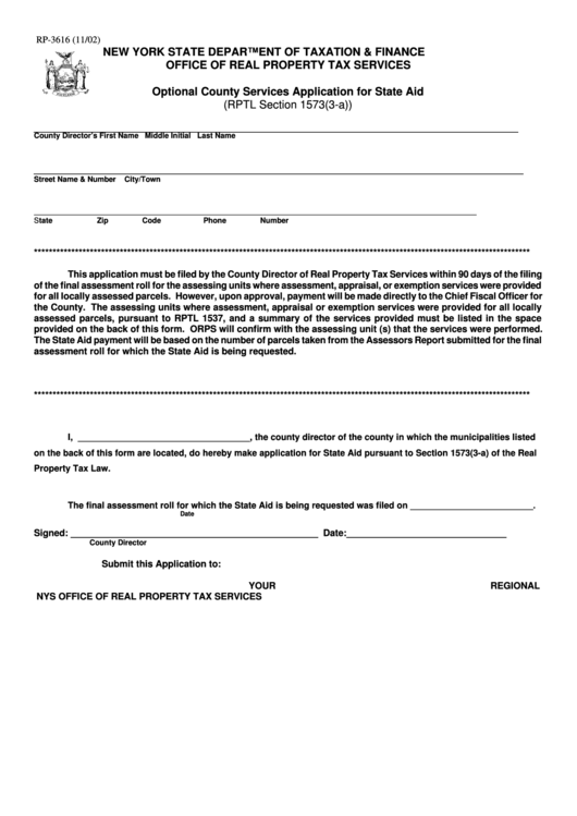 Fillable Form Rp-3616 - Optional County Services Application For State Aid Printable pdf