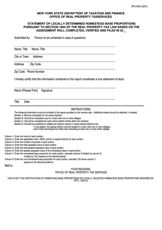 Fillable Form Rp-3109 - Statement Of Locally Determined Homestead Base Proportions Printable pdf