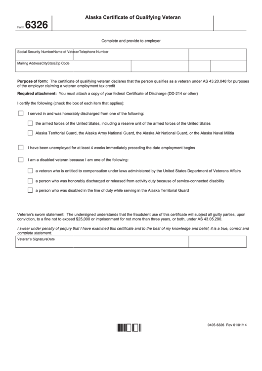 Form 6326 - Alaska Certificate Of Qualifying Veteran Printable pdf