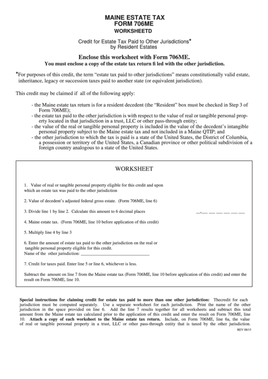 Form 706me - Worksheet D Printable pdf