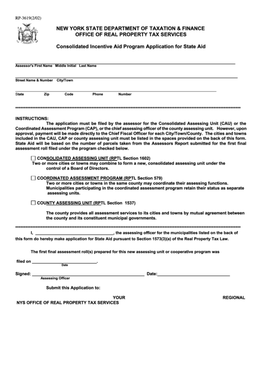 Fillable Form Rp-3619 - Consolidated Incentive Aid Program Application For State Aid Printable pdf